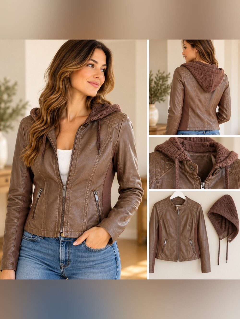 Brown Faux Leather Moto Jacket Removable Knit Hood S/M
